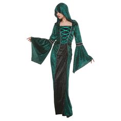 PRICES MAY VARY. This women costume will turn you into a moonlight dark sorceress Sorcerss costume includes hooded velvet dress with wide sleeves The strap design on the back makes the witch dress more fit and sexy Channel the dark and mysterious powers of the other realm in this Mystic Sorcerss costume and show to the world what power can be Perfect for a Halloween cosplay party, stage performances, gothic party, Victorian events and any costume party Size Chart 

M Length 62.5in/159cm, Bust 37 Sorceress Dress, Retro Gown, Witches Costumes For Women, Velvet Green Dress, Halloween Witch Costume, Tudor Costumes, Costume For Women, Witch Dress, Witch Halloween Costume