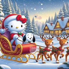 a hello kitty christmas scene with santa's sleigh and his reindeers