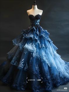 Victorian Style Ball Gowns, Ocean Ball Gown, Fairytale Dress Blue, Fantasy Dresses Aesthetic, Big Dresses Gowns, Dark Blue And Black Wedding Theme, Corset Ball Gowns Fairytale, Fantasy Dress Ideas, Fantasy Ball Outfits