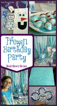 frozen birthday party with blue and silver decorations, frosted treats, and desserts