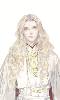 a drawing of a woman with long blonde hair wearing a white dress and gold jewelry