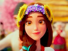 a close up of a doll with flowers on her head and hair in the background