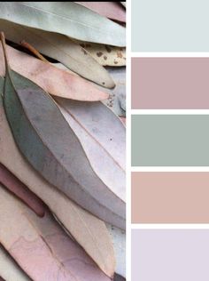 the color palette is pink, grey and white with some green leaves on top of it