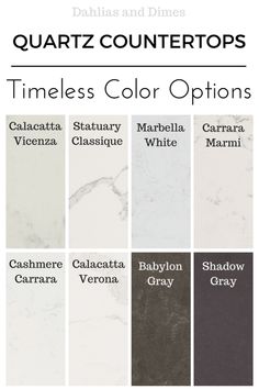 marble countertops with different colors and names on them, including white, black, gray,