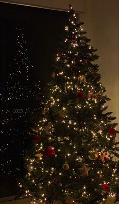 a lit christmas tree in front of a window