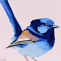 a painting of a blue bird sitting on top of a white surface with its wings spread