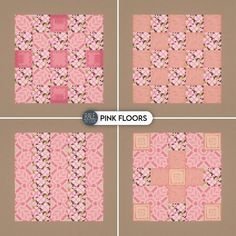 four pink floor tiles with different designs