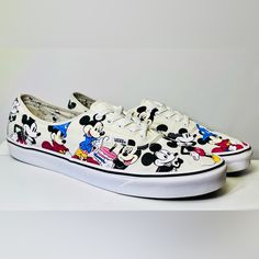 Vans X Disney Authentic ‘Mickey’s Birthday’ Sneaker Collab Designed To Celebrate The 90th Anniversary Of Mickey Mouse’s First Appearance. The Off-White, All-Canvas Upper Provides A Backdrop For Heel-To-Toe Graphics Depicting Mickey’s Most Famous Rolesfrom Steamboat Willie To Fantasia And More Men’s Size 16 Condition: Used But Good Condition. Steamboat Willie, Mickey Birthday, Shoes Vans, Mens Vans, Vans Shoes, Fantasia, Size 16, Athletic Shoes, Men's Shoes