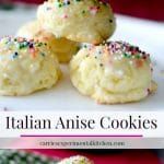 italian anise cookies with sprinkles are on a plate and in the foreground