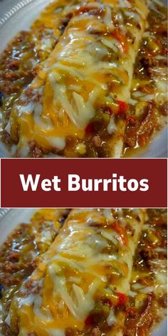 two plates filled with meat burritos covered in melted cheese and sauce on top