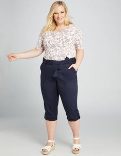 Lane Bryant belted utility poplin pants. New with tags. Take on the day in this utility-inspired pant in the pedal silhouette you love. The lightweight material and roll-tab details at the cuffs make them the perfect weekend outfit staple. Covered elastic waist with flat front. Self-tie belt and loops. Four patch pockets. Roll-tab detail at the cuffs. Button and zip-fly closure. LEG SHAPE: Pedal. Super slim from hip to upper or mid-calf. INSEAM: 19" FABRIC: Poplin blend. Structured yet stretchy Casual Spring Bottoms With Belted Cuffs, Spring Paperbag Waist Bottoms With Cargo Pockets, Spring Cargo Pocket Paperbag Waist Bottoms, Spring Utility Style Belted Pants, Spring Utility Belted Pants, Poplin Pants, Four Patch, Sky New, Waist Cincher Corset