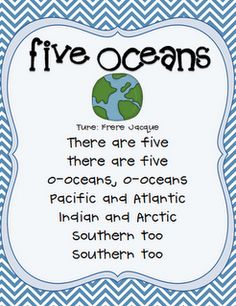 the five oceans poem is shown in blue and white