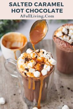 salted caramel hot chocolate in a mug with marshmallows on top