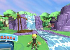 a cat is standing in the middle of a video game with water and rocks behind it