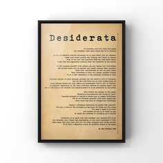 an old poster with the words desiderata in black and white on it