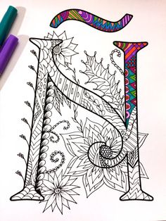 the letter j is decorated with flowers and leaves in this coloring page for adults to color