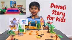 a young boy standing in front of a table with toys on it and the words diwali story for kids