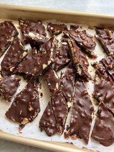 there are many pieces of chocolate on the baking sheet in the pan, ready to be eaten