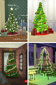 four different christmas trees with presents around them