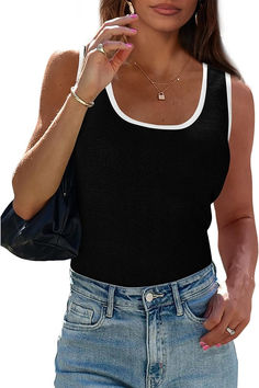 Pretty Garden Womens Scoop Neck Sleeveless Color Block Slim Fitted Tops Womens Tank Tops Summer, Black Pants Outfit, Fitted Tops, Pretty Garden, Summer Tank Top, Chic Summer Outfits, Sleeveless Shirts, Aesthetic Look