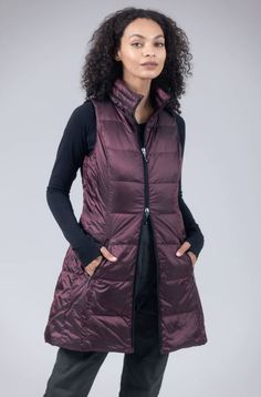 Manufactured with 100% Water Resistant Nylon this vest is dyed to match the "The Anorak", and together, these garments make the "perfect set". The vest can also be worn separately and is fabulous on its own. Each vest includes a matching pouch for storage. Includes matching pouch for storage. Winter Capsule Wardrobe, Hooded Vest, Long Vests, Anorak Jacket, White Ducks, Down Vest, Purple Fashion, Outerwear Jackets