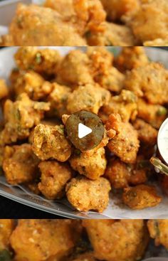 two pictures of fried food with dipping sauce