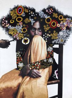 a woman sitting on top of a wooden chair covered in beads and chains with an afro hairstyle