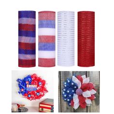 red, white and blue patriotic decorations are featured in this collage