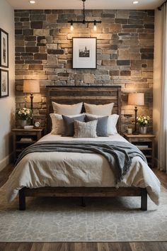 a bedroom with a stone wall and wooden bed frame in the middle, along with two lamps on either side of the bed