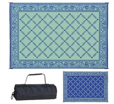 two pieces of blue and green rugs, one with a black bag on it