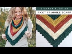 a woman wearing a crochet triangle shawl with the text, picot triangle scarf