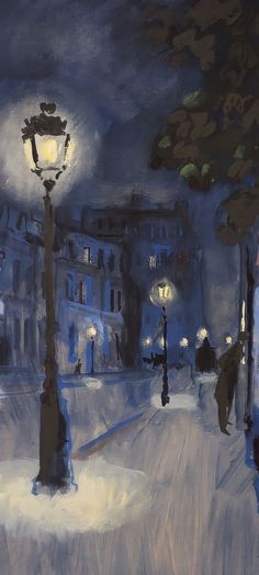 a painting of people walking in the snow at night with street lights and lampposts