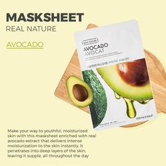 The Face Shop Real Nature Avocado Face Mask  Make your way to youthful, moisturized skin with this masksheet enriched with real avocado extract that delivers intense moisturization to the skin instantly.  Key Ingredients  Avocado Extract  Glycerin   Key Benefits  Provides bouncy, moisturized and wrinkle-free skin  Enriched with avocado extract known for its skin firming properties    Legal Disclaimer:  The product is guaranteed to be 100% genuine. Product images are for illustrative purposes only. Images/packaging/ labels may vary from time to time due to changes made by the manufacturer's manufacturing batch and location. The product description is for information purposes only and may contain additional ingredients. Blueberry Pomegranate, Avocado Face Mask, Wrinkle Free Skin, Lemon Rice, Moisturized Skin, Real Nature, Red Ginseng, Foot Mask, The Face Shop