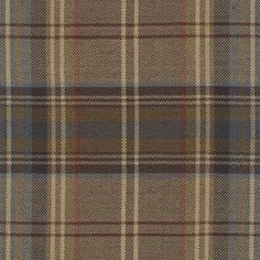 a plaid fabric with brown, blue and white checks on the back ground is shown