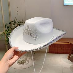 KAMMPT Wide Brim Pink Cowboy Hats Cowgirl Party Carnival Western Hats Stylish Glitter Crown Sequin Silver Wide Brim Costume Hat For Party, Wide Brim Winter Party Hat, Western Silver Hats For Parties, Western Style Silver Hats For Party, White Mini Hats For Winter Party, Winter Party Costume Hats And Headpieces, White Costume Hat With Round Crown For Parties, White Party Hat With Round Crown, Western Curved Brim Costume Hat For Parties