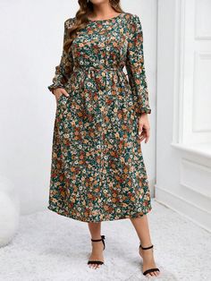 Plus Size Spring & Autumn Casual Ditsy Floral Print Dress Multicolor Boho  Long Sleeve Woven Fabric Floral,Plants,All Over Print A Line Non-Stretch  Women Plus Clothing, size features are:Bust: ,Length: ,Sleeve Length: Boho Plus Size, Autumn Casual, Estilo Hip Hop, Fabric Floral, Vestido Casual, Inspiration Mode, Smock Dress, Ditsy Floral, Plus Size Dress