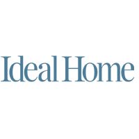 the ideal home logo is shown on a white background with blue letters and an image of a