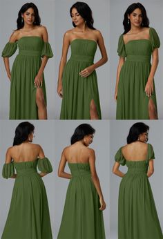 four different pictures of a woman wearing a green dress with one side slit and the other side split