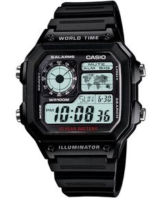 Casio's square black multifunction timepiece has a well-organized digital dial with a large time readout and feature-specific graphic displays. Casio Digital, Resin Case, Casio Classic, Mens Digital Watches, Fitness Armband, Mens Chronograph, Chronograph Watch Men, Casio G Shock, Stylish Watches