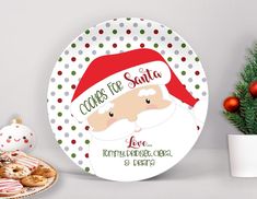 Personalized Cookies for Santa Christmas plate. My personalized plates make dinnertime fun and you can feel confident feeding your children from them knowing they are BPA free. --------------------------------------------------------- DETAILS FOR PLATE  --------------------------------------------------------- * Microwave safe * Plates, Bowls, & Mugs are made from a durable resin plastic * Oven safe - 250o F for up to 60 minutes * Dishwasher-safe - any rack * Contains no melamine or formaldehyde and is BPA Free | Safe Food Contact * Has a matte finish to enhance the vibrancy of the colors and to reduce the visibility of scratches (from silverware and other utensils) * 100% manufactured in the U.S.A. using U.S.A. components --------------------------------------------------------- SIZE... - Polka Dot Christmas, Cookies For Santa Plate, Santa Plate, Holiday Plates, Cookies For Santa, Personalized Cookies, Personalized Plates, Christmas Plate, Christmas Plates