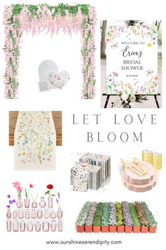 the words let love bloom are displayed in pink and green colors, along with pictures of flowers