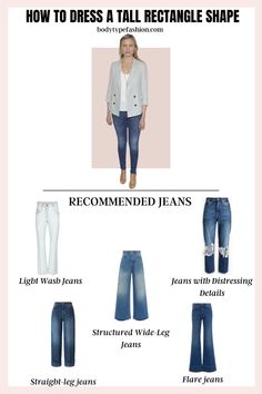 Women with a tall rectangle body shape often look athletic and toned, but if you're looking to add some curves, the right styles can help! Accentuate your best features and create the illusion of a curvier figure with these styling tips. Best Jeans For Rectangle Body Shape, Fashion Style For Rectangle Body Shape, Rectangle Body Shape Leggings, Outfits For Rectangle Body Shape, Outfits Fir Rectangle Body Shape, The Concept Wardrobe Rectangle Body Shape, Body Type Clothes, Rectangle Body Shape Outfits, Style Palette