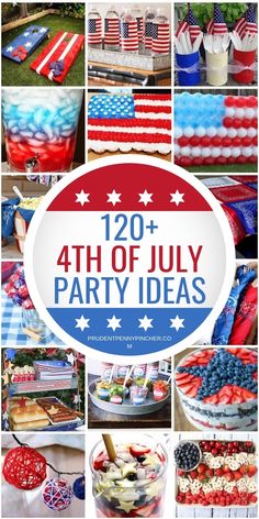 the fourth of july party ideas with red, white and blue food on display in different pictures