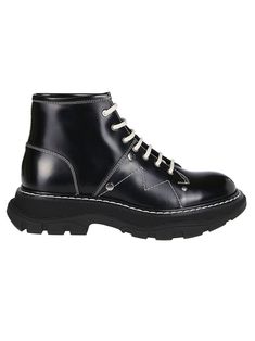 Calf Leather | Leather | Alexander McQueen Women's Tread Lace-up Boots in Black Ivory Silver | FW23/24 Composition Cover, Contrasting Stitching, Stitching Details, Dr. Martens Boots, Black Ankle Boots, Boot Shoes Women, Lace Up Boots, Calf Leather, Black Boots