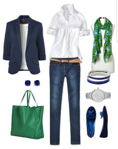 Green And Blue Work Outfit, Green Bag And Shoes Outfit, Emerald Green Bag Outfit, Green And Blue Outfits For Women, Green And Navy Blue Outfit, Green Navy Outfit, Green Accessories Outfit, Green And Blue Outfit, Casual Curvy Fashion