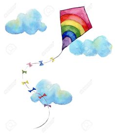 watercolor painting of a rainbow colored kite flying in the sky with clouds and stars