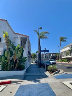 an empty street with cars parked on both sides and palm trees in the back ground