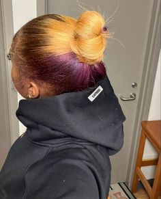 Purple Skunk Stripe Hair, Ginger And Purple Hair, Purple Peekaboo Hair, Ginger Hair Dyed, Slay Hairstyles, Hair Stripes, Nice Hairstyles