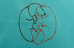 a drawing of an elephant and its baby in a circle on a blue paper background