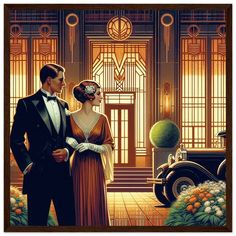 a man and woman standing in front of an art deco building